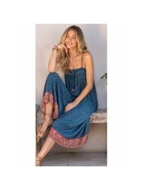 Natural Life Womens Adjustable Strap Boho Midi Dress Blue Pink Floral Relaxed